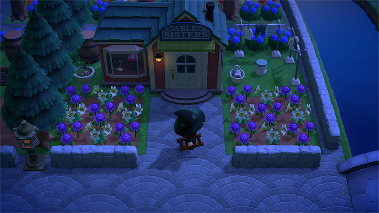 Nighttime Able Sisters garden area