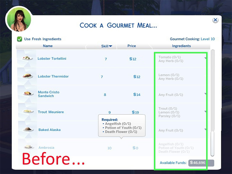 No Ingredients Required Mod for The Sims 4