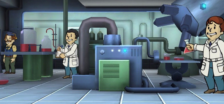 Dwellers working in the Science Lab in Fallout Shelter