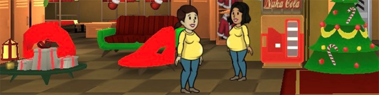 Two pregnant dwellers in the Living Quarters / Fallout Shelter