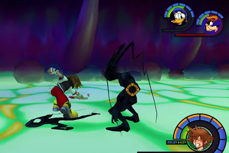 Sora hit by a Neoshadow in End Of The World (KH1.5)