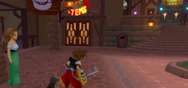 Sora running by Item Shop in Traverse Town (KH1.5)