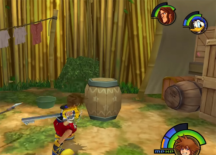 Sora attacking a barrel at the Deep Jungle Campsite / KH 1.5