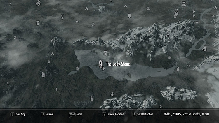 The Lady Stone is in Lake Ilinalta, southwest of Riverwood (Map) / Skyrim