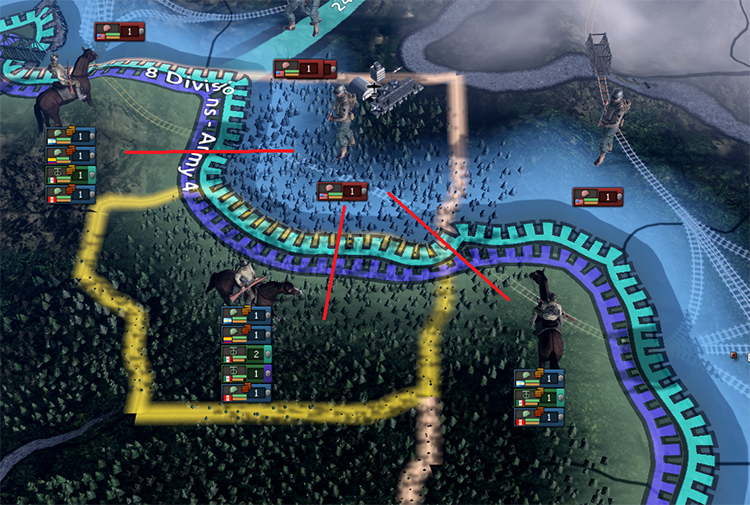 Flanking maneuver by South Americans divisions to a single American division (HOI4)