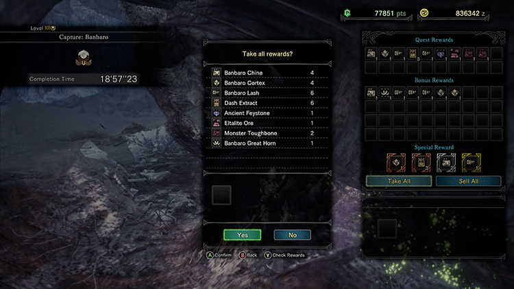 Banbaro Hunt Rewards Screenshot in Monster Hunter: World