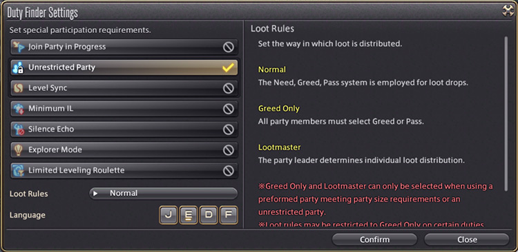 Duty Finder Settings window for Unrestricted Party / FFXIV