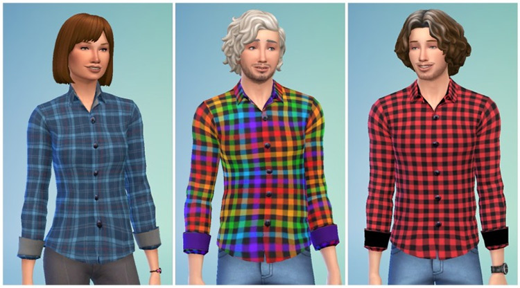 Plaid Rolled Sleeve Shirt (Unisex) / Sims 4 CC