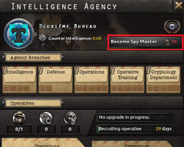 Intelligence Agency “Become Spy Master” Button / Hearts of Iron IV