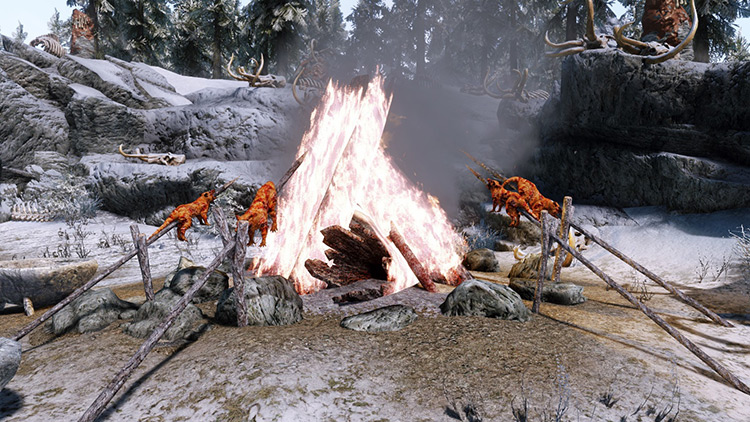Charred Skeevers over fire in Stonehill Bluff / Skyrim