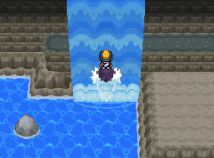 Going up the waterfall inside the Tohjo Falls cave using HM07 / Pokemon HGSS