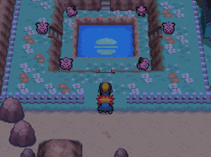 Lake surrounded by dancing Clefairys in MT. Moon / Pokemon HGSS