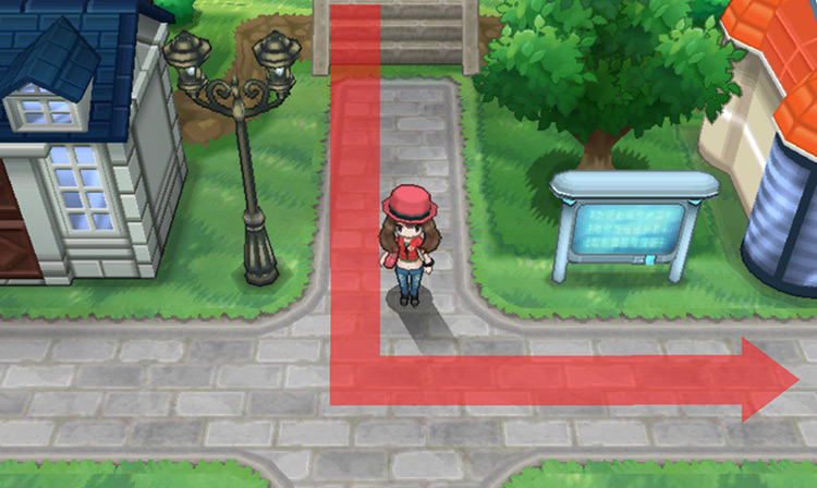 Head east from the crossroads to exit the city / Pokémon X & Y