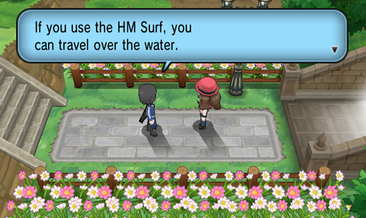 Calem stops the trainer to give her HM03 Surf which will be necessary to access Route 12 / Pokémon X & Y