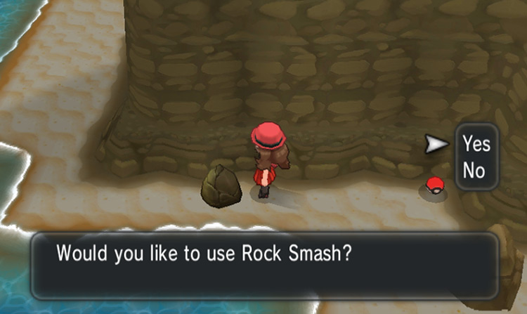 Using Rock Smash to destroy a cracked boulder / Pokémon X & Y