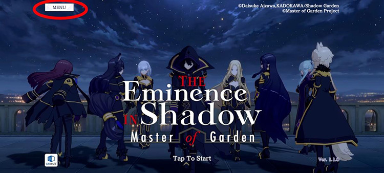 Title Screen > Menu / The Eminence in Shadow: Master of Garden”><figcaption class=