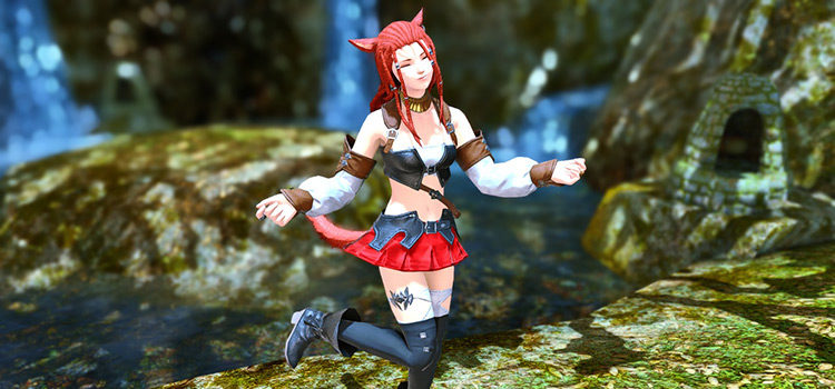 Miqote character performing the Harvest Dance emote (FFXIV)