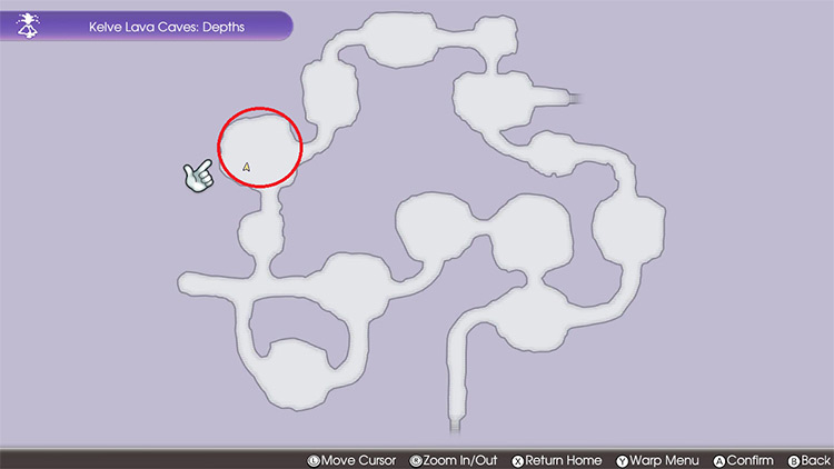 Map of Kelve Lava Cave: Depths - Chuckadoodle location circled / Rune Factory 5