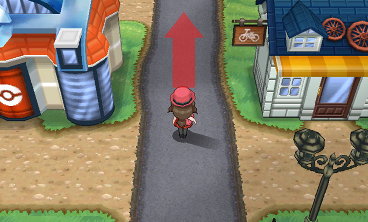 The bicycle track passes between the Pokémon Center and the Cycle Shop / Pokémon X & Y