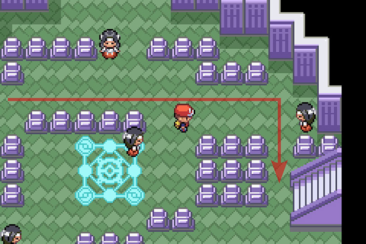 Walking past the healing circle and taking the stairs to the sixth floor. / Pokémon Radical Red