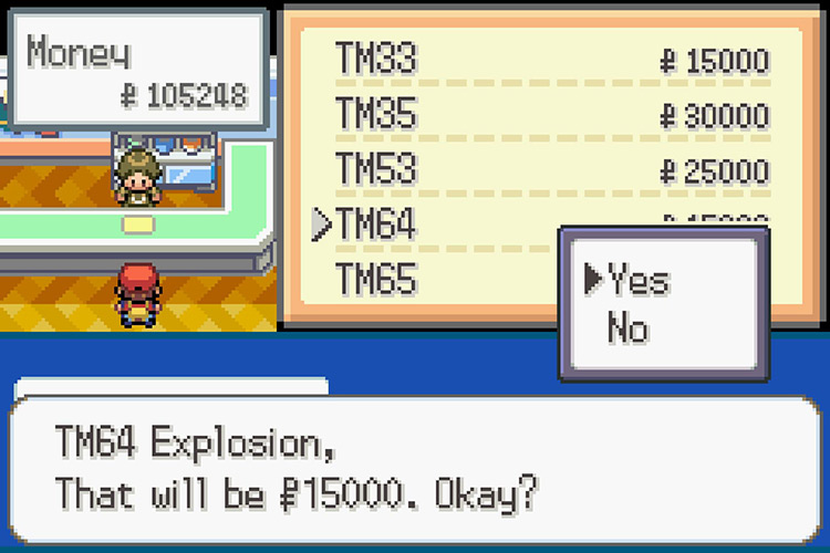 Purchasing TM064 Explosion for 15,000 Pokémon Dollars / Pokémon Radical Red