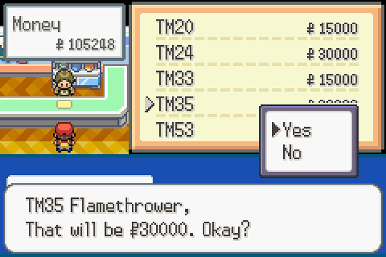 Purchasing TM035 Flamethrower for 30,000 Pokémon Dollars / Pokémon Radical Red