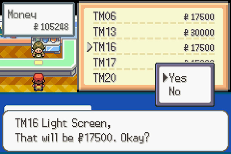 Purchasing TM016 Light Screen for 17,500 Pokémon Dollars / Pokémon Radical Red