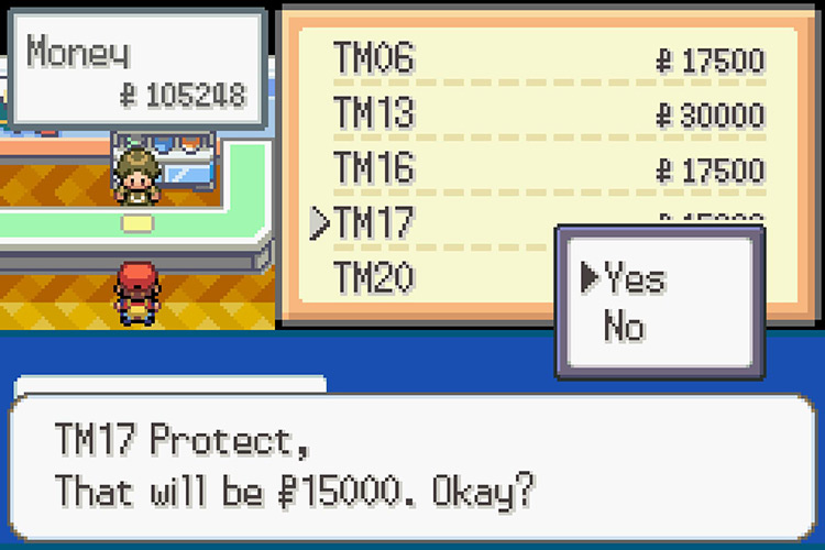 Purchasing TM017 Protect for 15,000 Pokémon Dollars / Pokémon Radical Red