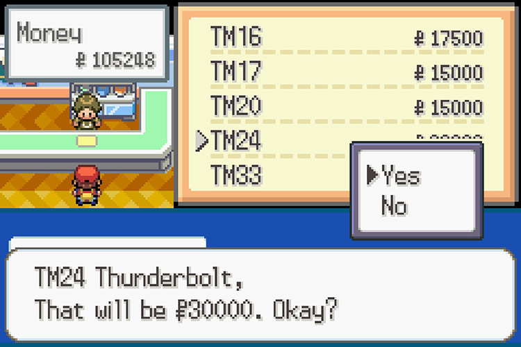 Purchasing TM024 Thunderbolt for 30,000 Pokémon Dollars / Pokémon Radical Red
