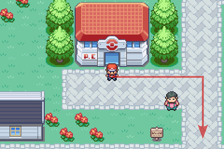 Standing outside of the Pewter City Pokémon Center. / Pokémon Radical Red