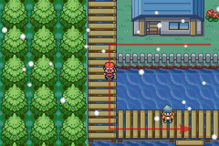 Continuing on the path South and walking past a house with a blue roof / Pokémon Radical Red