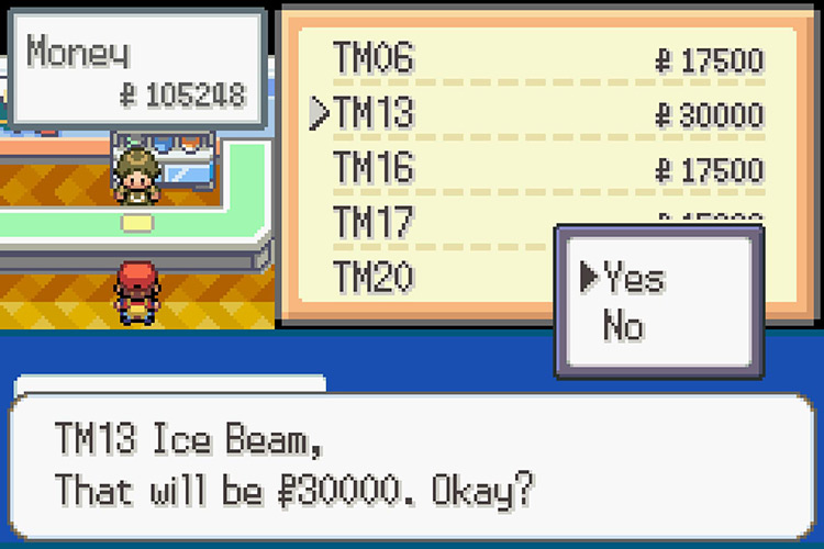 Purchasing TM013 Ice Beam for 30,000 Pokémon Dollars / Pokémon Radical Red