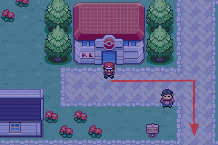 Standing in front of the Pewter City Pokémon Center. / Pokémon Radical Red