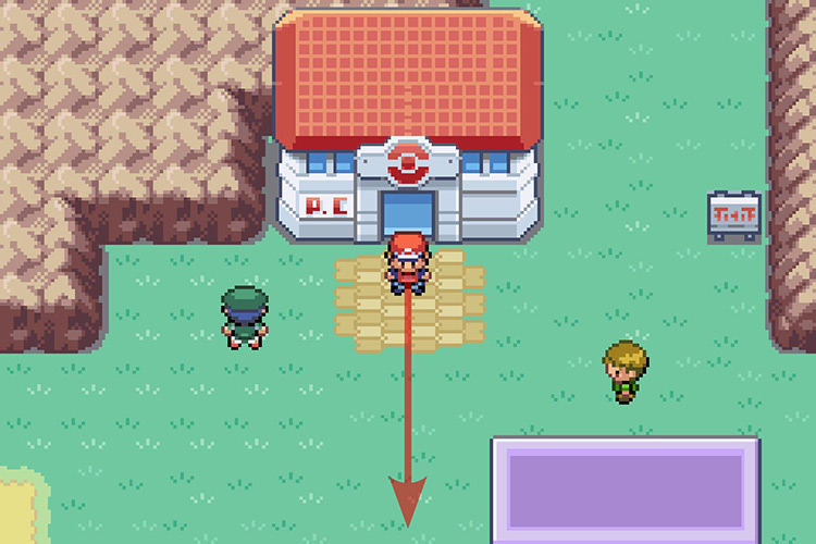 Standing outside of the Lavender Town Pokémon Center. / Pokémon Radical Red