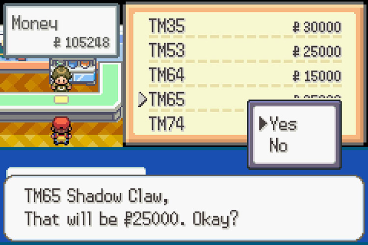 Purchasing TM065 Shadow Claw for 25,000 Pokémon Dollars / Pokémon Radical Red