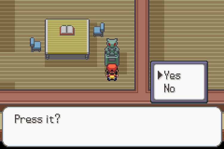 Interacting with the statue inside of the room to press the hidden switch. / Pokémon Radical Red