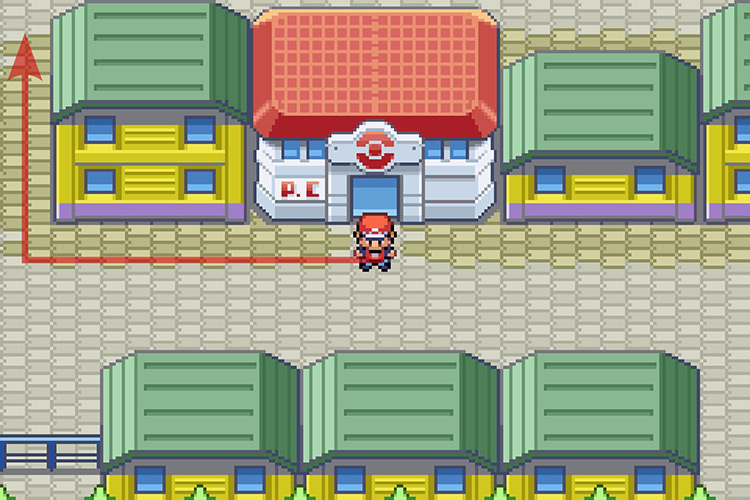 Standing outside of the Saffron City Pokémon Center. / Pokémon Radical Red