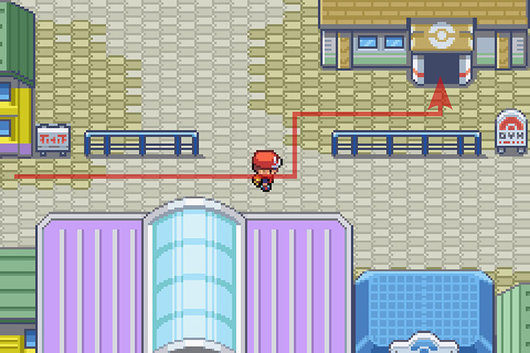 Entering the building right next to the gym. / Pokémon Radical Red