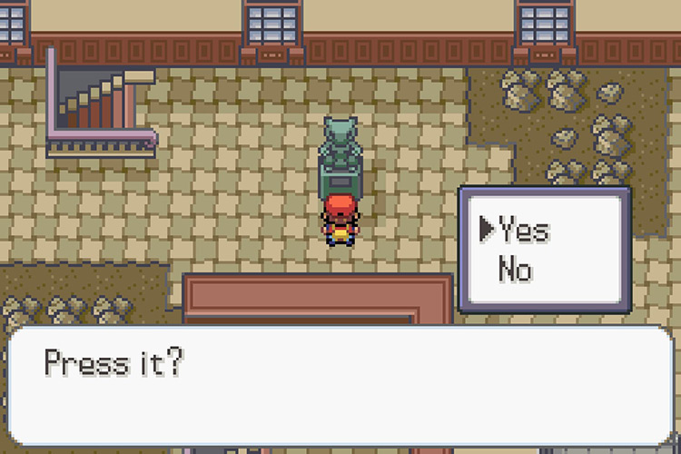 Interacting with the statue to press the hidden switch. / Pokémon Radical Red