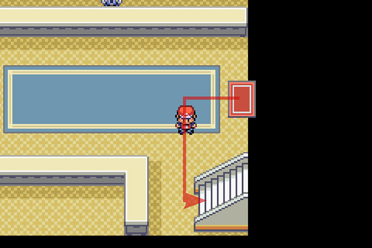 Taking the stairs to the upper floor of the connector. / Pokémon Radical Red