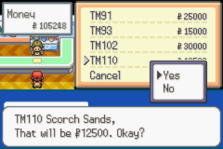 Purchasing TM110 Scorch Sands for 12,500 Pokémon Dollars. / Pokémon Radical Red