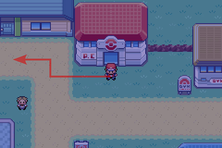 Standing in front of the Cerulean City Pokémon Center. / Pokémon Radical Red