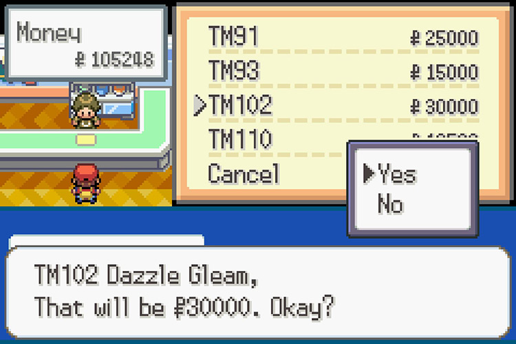 Purchasing TM102 Dazzle Gleam for 30,000 Pokémon Dollars. / Pokémon Radical Red