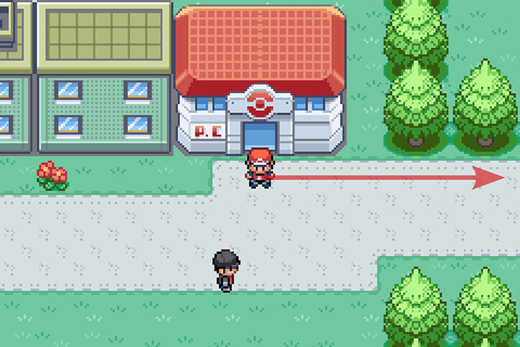 Standing outside of the Celadon City Pokémon Center. / Pokémon Radical Red