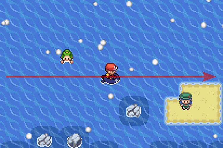 Entering Route 20 and swimming past an island. / Pokémon Radical Red
