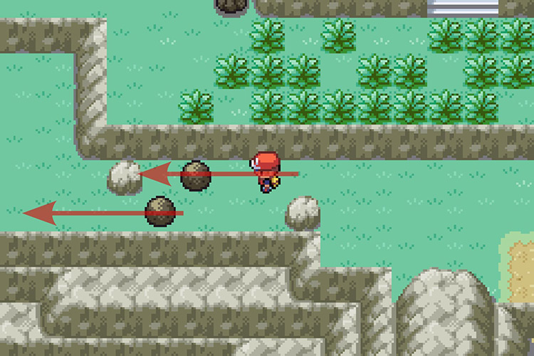 Pushing the two boulders to the left with Strength. / Pokémon Radical Red