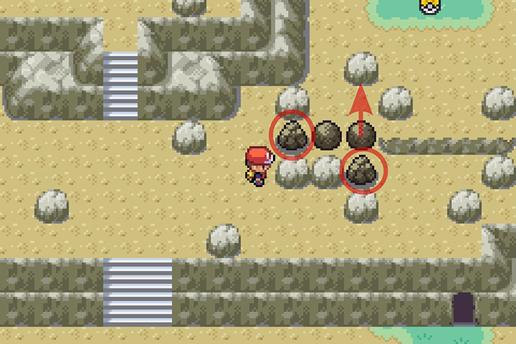 The two rocks you have to smash and the direction you have to push the boulder. / Pokémon Radical Red