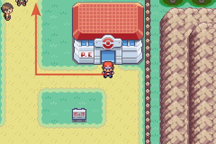 Standing outside of the Three Island Pokémon Center. / Pokémon Radical Red