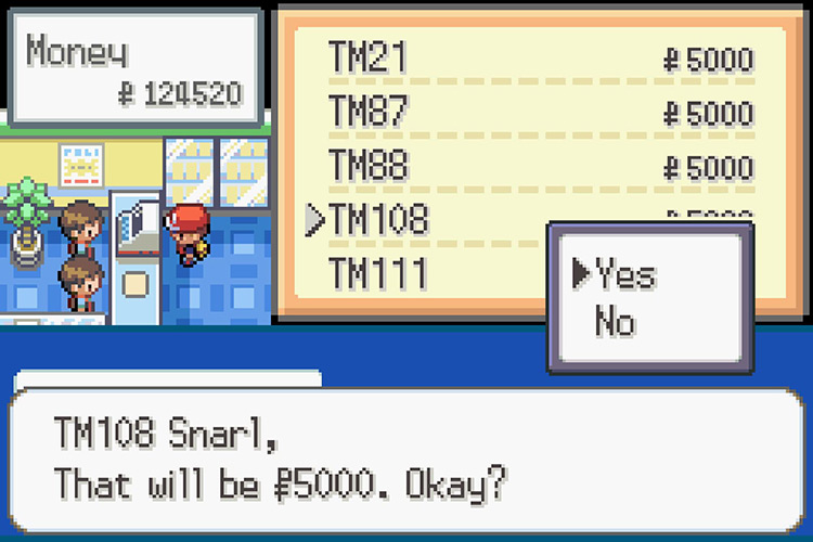 Purchasing TM108 Snarl for 5,000 Pokémon Dollars. / Pokémon Radical Red