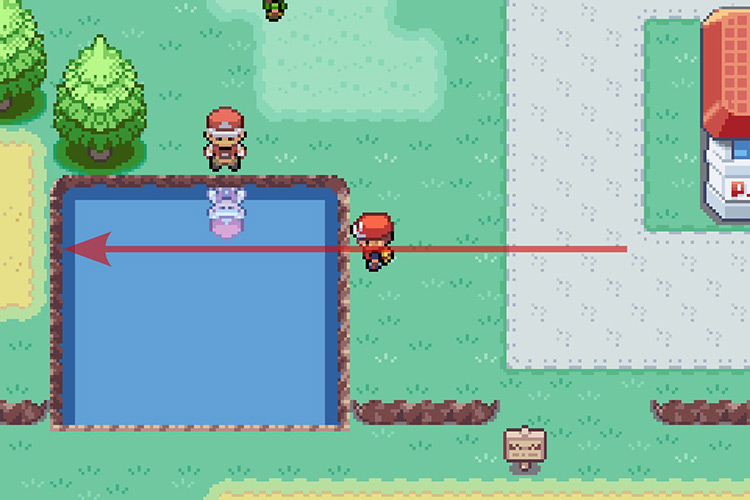 Using Surf on the pond that’s West of the Pokémon Center. / Pokémon Radical Red